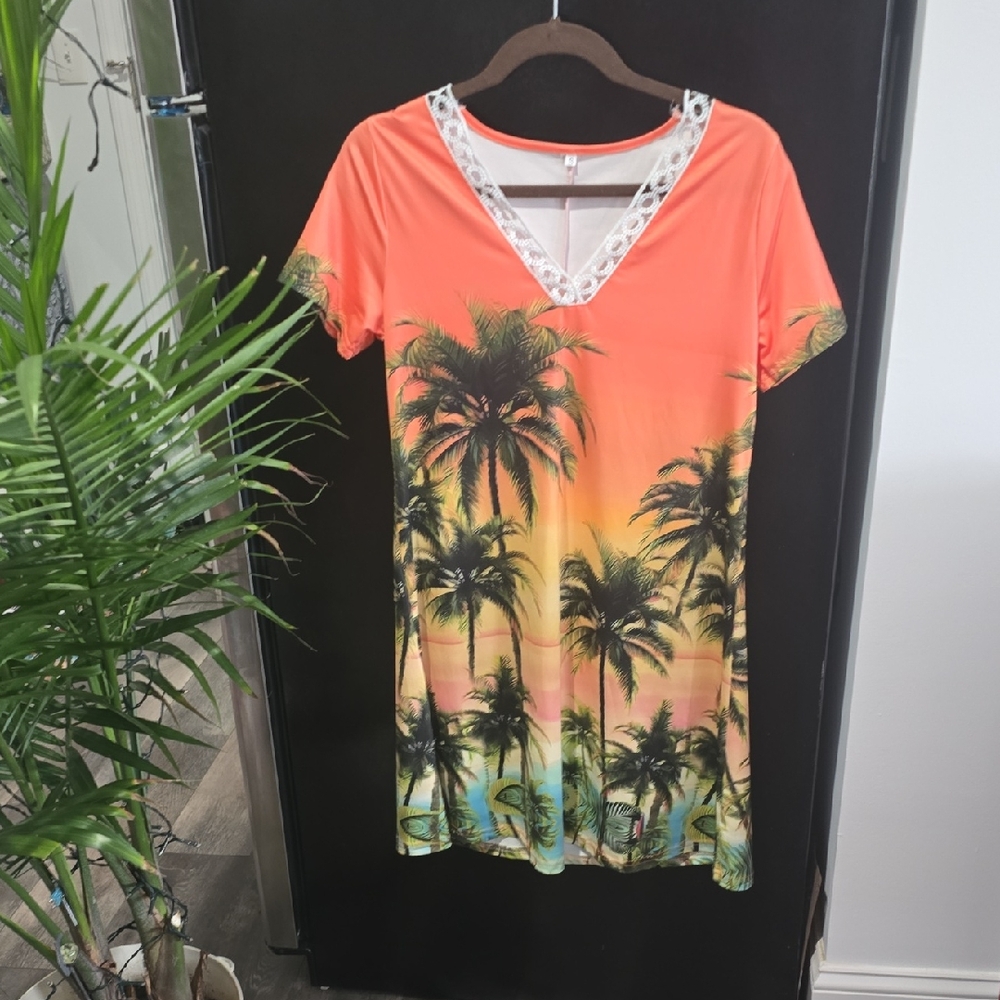 Tropical Palm Tree Dress with V-Neck